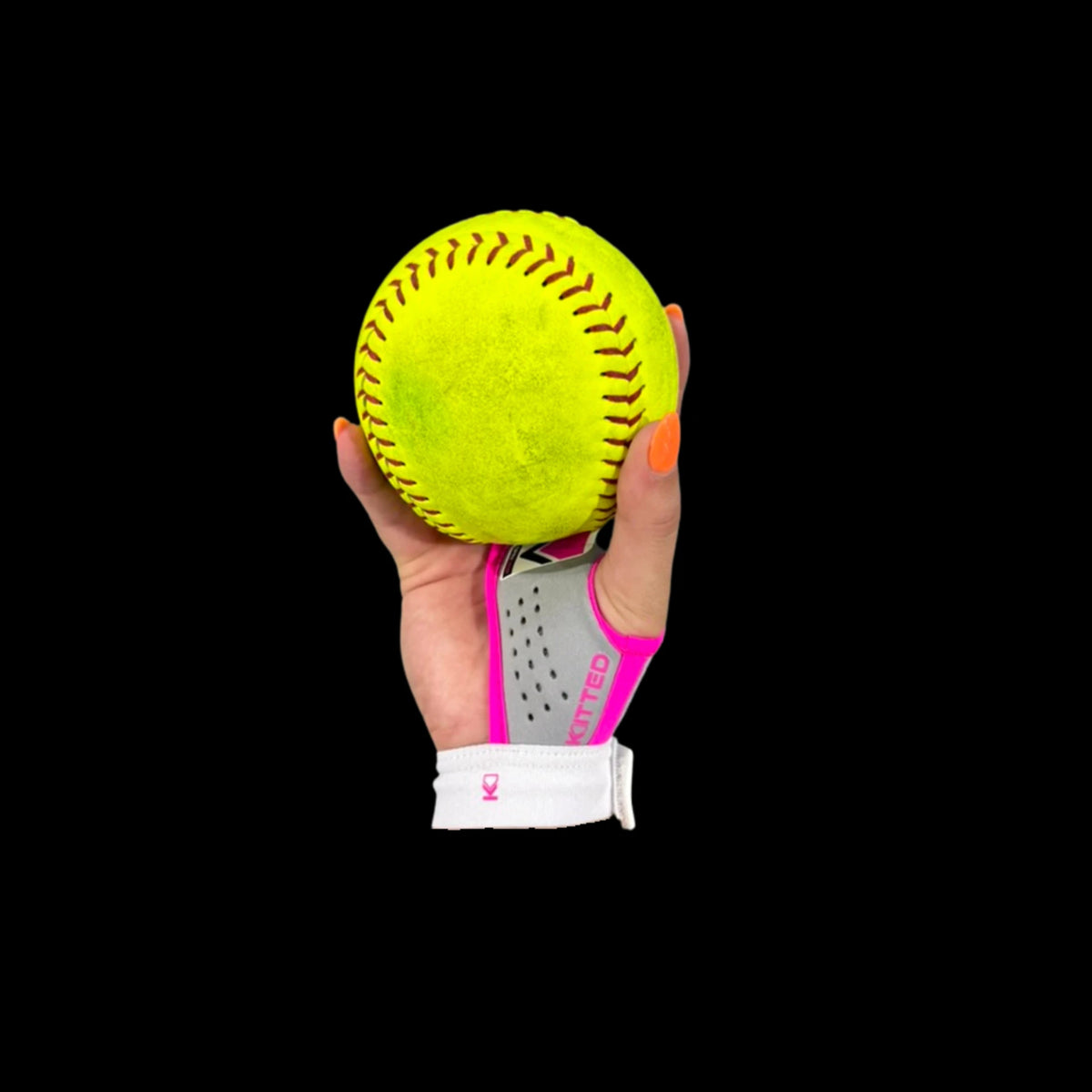 Hand holding softball with SpinGrip